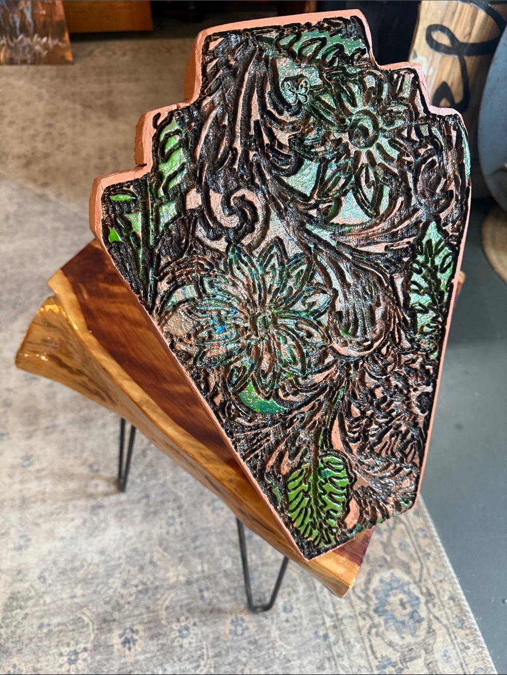 Handmade - Necklace display Floral Wooden Block with Green Accents